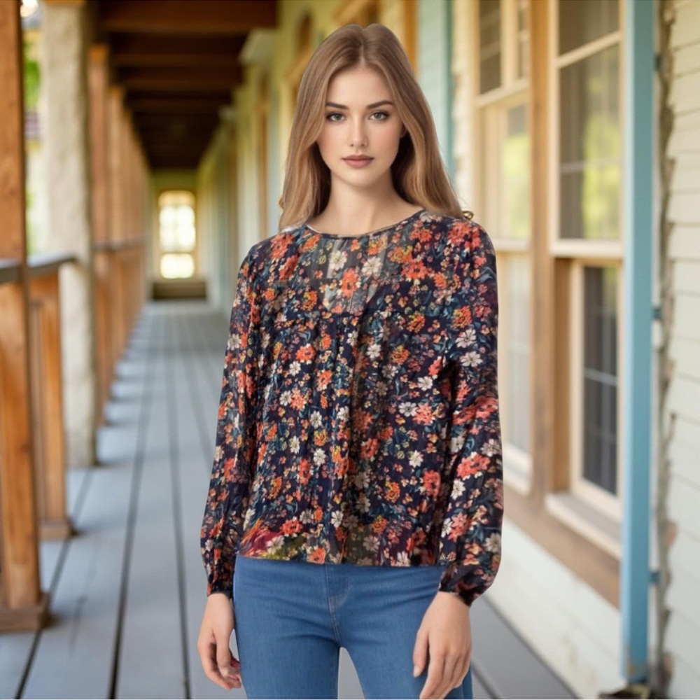 Blue and Pink Floral Relaxed Blouse